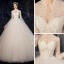 Affordable White Outdoor / Garden See-through Wedding Dresses 2020 Ball Gown High Neck 3/4 Sleeve Beading Pearl Sweep Train Ruffle