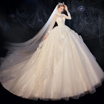 Vintage Originale Ivoire Transparentes Robe De Mariée 2020 Robe Boule Col Haut Manches Longues Dos Nu Glitter Tulle Appliques En Dentelle Perlage Chapel Train Volants