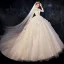 Vintage / Originale Ivoire Transparentes Robe De Mariée 2020 Robe Boule Col Haut Manches Longues Dos Nu Glitter Tulle Appliques En Dentelle Perlage Chapel Train Volants