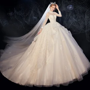 Vintage Marfil Transparentes Vestidos De Novia 2020 Ball Gown Cuello Alto Manga Larga Sin Espalda Glitter Tul Apliques Con Encaje Rebordear Chapel Train Ruffle