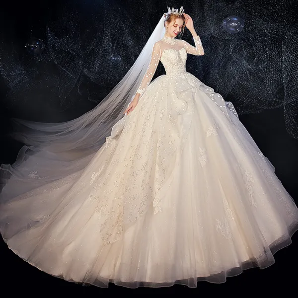 Vintage / Retro Ivory See-through Wedding Dresses 2020 Ball Gown High Neck Long Sleeve Backless Glitter Tulle Appliques Lace Beading Chapel Train Ruffle