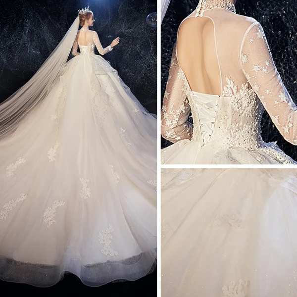 Vintage / Originale Ivoire Transparentes Robe De Mariée 2020 Robe Boule Col Haut Manches Longues Dos Nu Glitter Tulle Appliques En Dentelle Perlage Chapel Train Volants