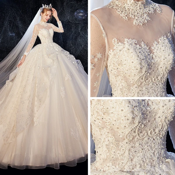Vintage / Originale Ivoire Transparentes Robe De Mariée 2020 Robe Boule Col Haut Manches Longues Dos Nu Glitter Tulle Appliques En Dentelle Perlage Chapel Train Volants