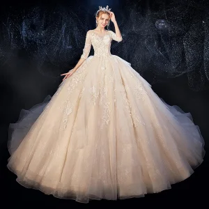 Romantic Champagne See Through Wedding Dresses 2020 Ball Gown Scoop Neck 3 4 Sleeve Backless Glitter Tulle Appliques Lace Flower Beading Cathedral Train Ruffle