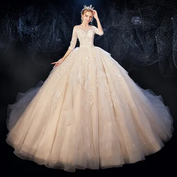 Romantique Champagne Transparentes Robe De Mariée 2020 Robe Boule Encolure Dégagée 3 4 Manches Dos Nu Glitter Tulle Appliques En Dentelle Fleur Perlage Cathedral Train Volants