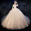 Romantic Champagne See-through Wedding Dresses 2020 Ball Gown Scoop Neck 3/4 Sleeve Backless Glitter Tulle Appliques Lace Flower Beading Cathedral Train Ruffle