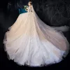 Romantic Champagne See-through Wedding Dresses 2020 Ball Gown Scoop Neck 3/4 Sleeve Backless Glitter Tulle Appliques Lace Flower Beading Cathedral Train Ruffle