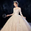 Romantic Champagne See-through Wedding Dresses 2020 Ball Gown Scoop Neck 3/4 Sleeve Backless Glitter Tulle Appliques Lace Flower Beading Cathedral Train Ruffle