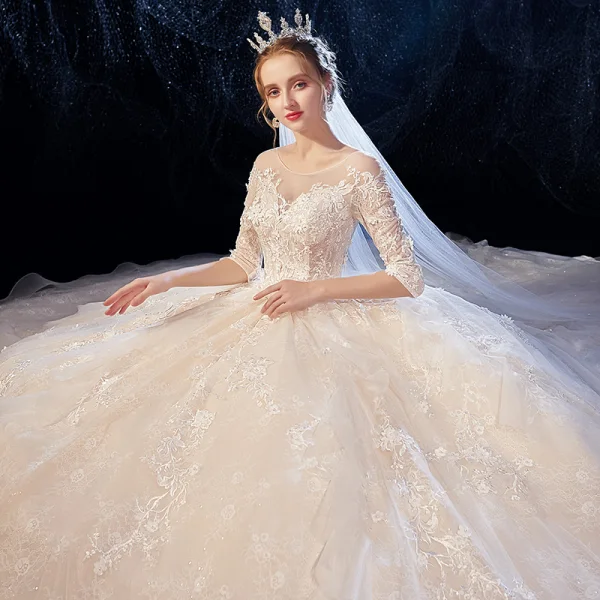 Romantic Champagne See-through Wedding Dresses 2020 Ball Gown Scoop Neck 3/4 Sleeve Backless Glitter Tulle Appliques Lace Flower Beading Cathedral Train Ruffle