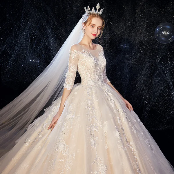 Romantic Champagne See-through Wedding Dresses 2020 Ball Gown Scoop Neck 3/4 Sleeve Backless Glitter Tulle Appliques Lace Flower Beading Cathedral Train Ruffle