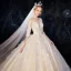 Romantic Champagne See-through Wedding Dresses 2020 Ball Gown Scoop Neck 3/4 Sleeve Backless Glitter Tulle Appliques Lace Flower Beading Cathedral Train Ruffle