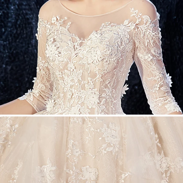 Romantic Champagne See-through Wedding Dresses 2020 Ball Gown Scoop Neck 3/4 Sleeve Backless Glitter Tulle Appliques Lace Flower Beading Cathedral Train Ruffle