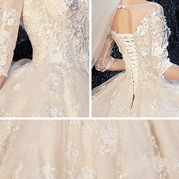 Romantic Champagne See-through Wedding Dresses 2020 Ball Gown Scoop Neck 3/4 Sleeve Backless Glitter Tulle Appliques Lace Flower Beading Cathedral Train Ruffle