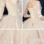 Romantic Champagne See-through Wedding Dresses 2020 Ball Gown Scoop Neck 3/4 Sleeve Backless Glitter Tulle Appliques Lace Flower Beading Cathedral Train Ruffle