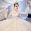 Romantic Champagne See-through Wedding Dresses 2020 Ball Gown Scoop Neck 3/4 Sleeve Backless Glitter Tulle Appliques Lace Flower Beading Cathedral Train Ruffle