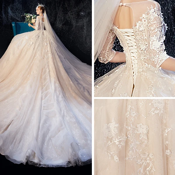 Romantic Champagne See-through Wedding Dresses 2020 Ball Gown Scoop Neck 3/4 Sleeve Backless Glitter Tulle Appliques Lace Flower Beading Cathedral Train Ruffle
