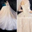 Romantic Champagne See-through Wedding Dresses 2020 Ball Gown Scoop Neck 3/4 Sleeve Backless Glitter Tulle Appliques Lace Flower Beading Cathedral Train Ruffle