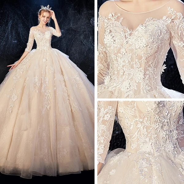 Romantic Champagne See-through Wedding Dresses 2020 Ball Gown Scoop Neck 3/4 Sleeve Backless Glitter Tulle Appliques Lace Flower Beading Cathedral Train Ruffle