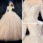 Romantic Champagne See-through Wedding Dresses 2020 Ball Gown Scoop Neck 3/4 Sleeve Backless Glitter Tulle Appliques Lace Flower Beading Cathedral Train Ruffle
