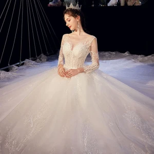 Illusion Ivory See Through Wedding Dresses 2020 A Line Princess Scoop Neck 3 4 Sleeve Backless Glitter Tulle Appliques Lace Beading Cathedral Train Ruffle