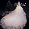 Illusion Ivory See-through Wedding Dresses 2020 A-Line / Princess Scoop Neck 3/4 Sleeve Backless Glitter Tulle Appliques Lace Beading Cathedral Train Ruffle