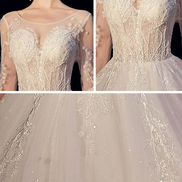 Illusion Ivoire Transparentes Robe De Mariée 2020 Princesse Encolure Dégagée 3/4 Manches Dos Nu Glitter Tulle Appliques En Dentelle Perlage Cathedral Train Volants