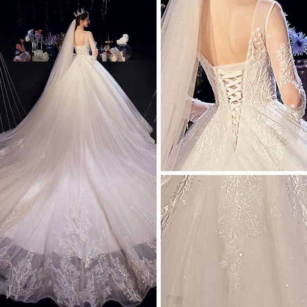 Illusion Ivoire Transparentes Robe De Mariée 2020 Princesse Encolure Dégagée 3/4 Manches Dos Nu Glitter Tulle Appliques En Dentelle Perlage Cathedral Train Volants