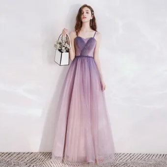Chic Beautiful Purple Gradient Color Evening Dresses 2020 A Line Princess Spaghetti Straps Sleeveless Glitter Tulle Braid Sash Floor Length Long Backless Formal Dresses