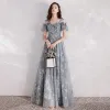 Chic / Beautiful Grey Evening Dresses  2020 A-Line / Princess Spaghetti Straps Puffy Short Sleeve Glitter Star Appliques Lace Floor-Length / Long Ruffle Backless Formal Dresses