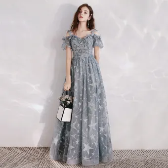 Chic Belle Gris Robe De Soirée 2020 Princesse Bretelles Spaghetti Gonflée Manches Courtes Glitter Étoile Appliques En Dentelle Longue Volants Dos Nu Robe De Ceremonie