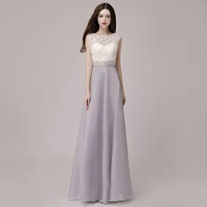 Asequible Plata Traspasado Vestidos De Noche 2018 A Line Princess Scoop Escote Sin Mangas Perla Rhinestone Cinturón Largos Vestidos Formales