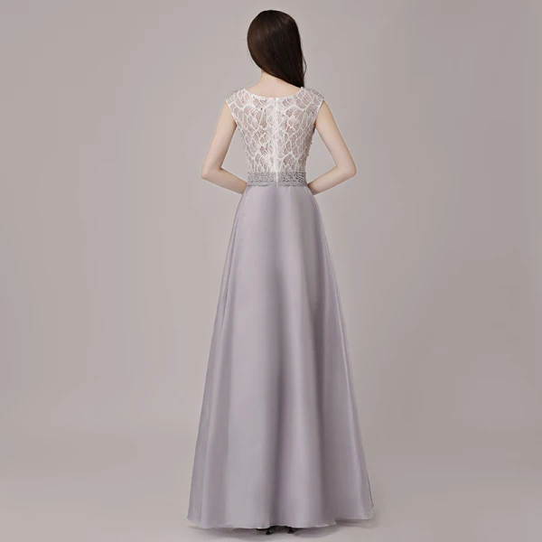 Affordable Silver Pierced Evening Dresses  2018 A-Line / Princess Scoop Neck Sleeveless Pearl Rhinestone Sash Floor-Length / Long Formal Dresses