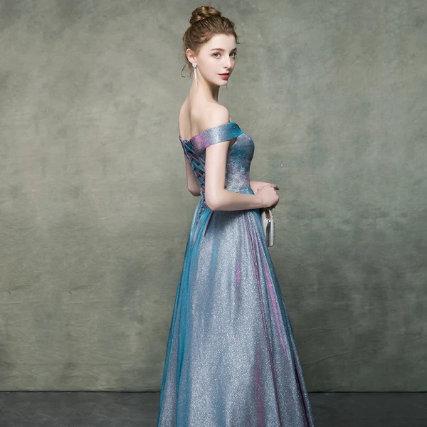 Elegant Champagne Gradient-Color Royal Blue Evening Dresses 2019 A-Line / Princess V-Neck Sleeveless Rhinestone Sash Glitter Polyester Floor-Length / Long Ruffle Backless Formal Dresses