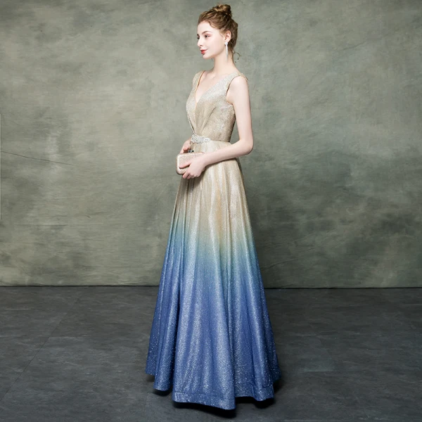 Elegant Champagne Gradient-Color Royal Blue Evening Dresses 2019 A-Line / Princess V-Neck Sleeveless Rhinestone Sash Glitter Polyester Floor-Length / Long Ruffle Backless Formal Dresses
