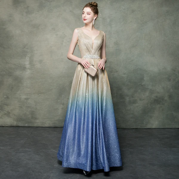 Elegant Champagne Gradient-Color Royal Blue Evening Dresses 2019 A-Line / Princess V-Neck Sleeveless Rhinestone Sash Glitter Polyester Floor-Length / Long Ruffle Backless Formal Dresses