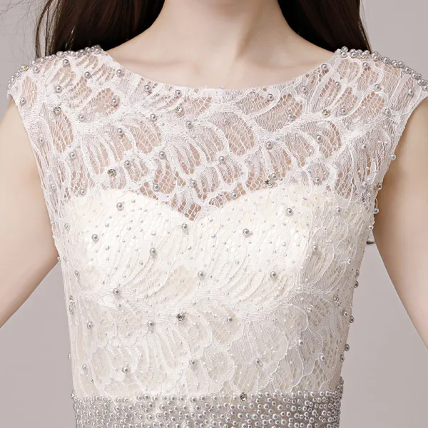 Affordable Silver Pierced Evening Dresses  2018 A-Line / Princess Scoop Neck Sleeveless Pearl Rhinestone Sash Floor-Length / Long Formal Dresses