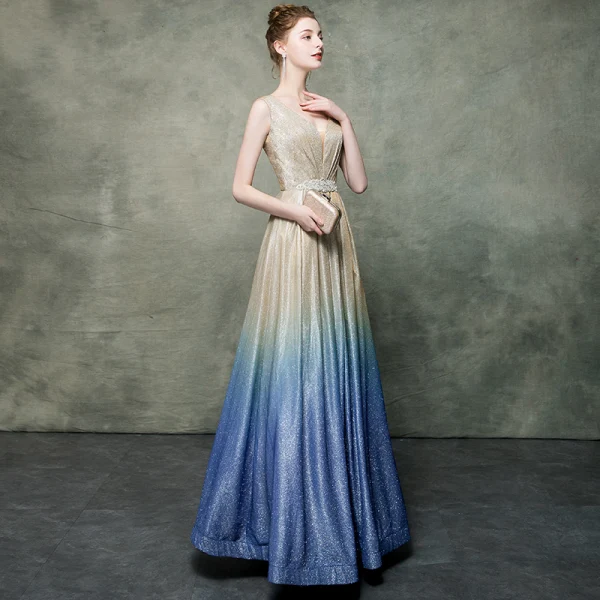 Elegant Champagne Gradient-Color Royal Blue Evening Dresses 2019 A-Line / Princess V-Neck Sleeveless Rhinestone Sash Glitter Polyester Floor-Length / Long Ruffle Backless Formal Dresses