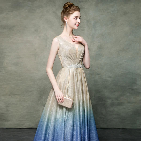 Elegant Champagne Gradient-Color Royal Blue Evening Dresses 2019 A-Line / Princess V-Neck Sleeveless Rhinestone Sash Glitter Polyester Floor-Length / Long Ruffle Backless Formal Dresses