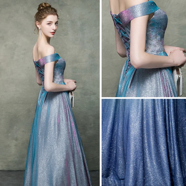 Elegant Champagne Gradient-Color Royal Blue Evening Dresses 2019 A-Line / Princess V-Neck Sleeveless Rhinestone Sash Glitter Polyester Floor-Length / Long Ruffle Backless Formal Dresses