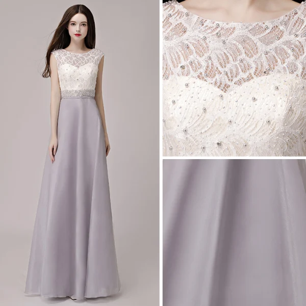Affordable Silver Pierced Evening Dresses  2018 A-Line / Princess Scoop Neck Sleeveless Pearl Rhinestone Sash Floor-Length / Long Formal Dresses