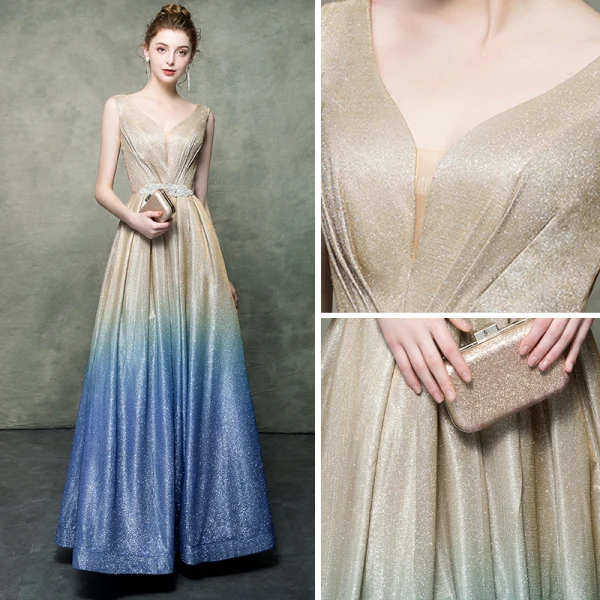 Elegant Champagne Gradient-Color Royal Blue Evening Dresses 2019 A-Line / Princess V-Neck Sleeveless Rhinestone Sash Glitter Polyester Floor-Length / Long Ruffle Backless Formal Dresses