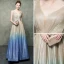 Elegant Champagne Gradient-Color Royal Blue Evening Dresses  2019 A-Line / Princess V-Neck Sleeveless Rhinestone Sash Glitter Polyester Floor-Length / Long Ruffle Backless Formal Dresses