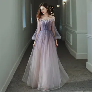 Elegant Purple Gradient Farge Selskapskjoler 2020 Prinsesse Av Skulderen Bell Ermer Appliques Blomst Beading Glitter Tyll Lange Buste Ryggløse