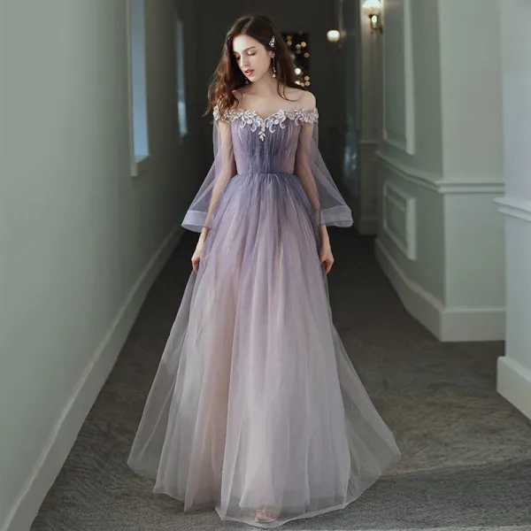 Elegant Purple Gradient-Color Evening Dresses  2020 A-Line / Princess Off-The-Shoulder Bell sleeves Appliques Flower Beading Glitter Tulle Floor-Length / Long Ruffle Backless