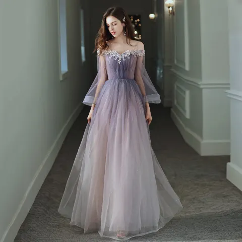 Elegant Purple Gradient-Color Evening Dresses  2020 A-Line / Princess Off-The-Shoulder Bell sleeves Appliques Flower Beading Glitter Tulle Floor-Length / Long Ruffle Backless