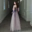 Elegant Purple Gradient-Color Evening Dresses  2020 A-Line / Princess Off-The-Shoulder Bell sleeves Appliques Flower Beading Glitter Tulle Floor-Length / Long Ruffle Backless