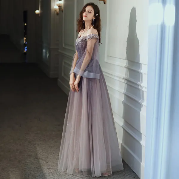 Elegant Purple Gradient-Color Evening Dresses 2020 A-Line / Princess Off-The-Shoulder Bell sleeves Appliques Flower Beading Glitter Tulle Floor-Length / Long Ruffle Backless