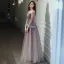 Elegant Purple Gradient-Color Evening Dresses  2020 A-Line / Princess Off-The-Shoulder Bell sleeves Appliques Flower Beading Glitter Tulle Floor-Length / Long Ruffle Backless