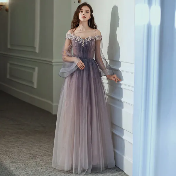 Elegant Purple Gradient-Color Evening Dresses 2020 A-Line / Princess Off-The-Shoulder Bell sleeves Appliques Flower Beading Glitter Tulle Floor-Length / Long Ruffle Backless