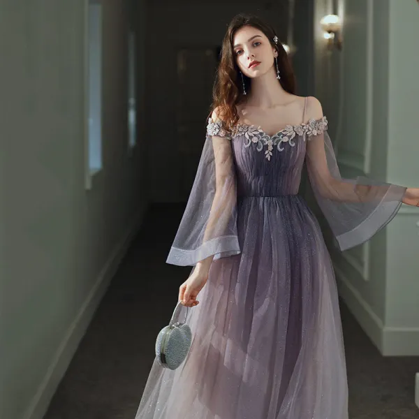 Elegant Purple Gradient-Color Evening Dresses 2020 A-Line / Princess Off-The-Shoulder Bell sleeves Appliques Flower Beading Glitter Tulle Floor-Length / Long Ruffle Backless